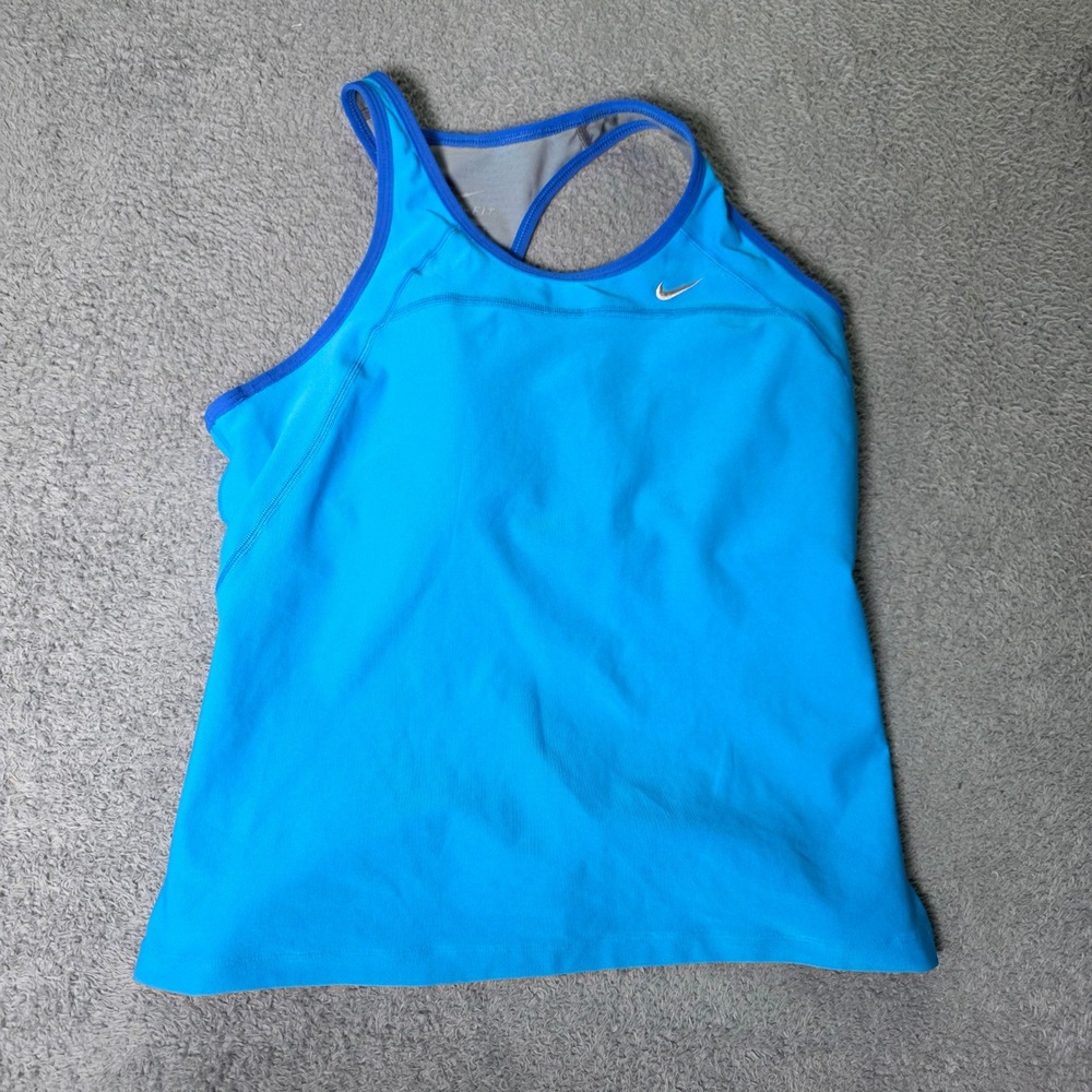 Nike Womens L Tank Top Blue Dri-FIT Racerback Built-in Shelf Bra Activewear